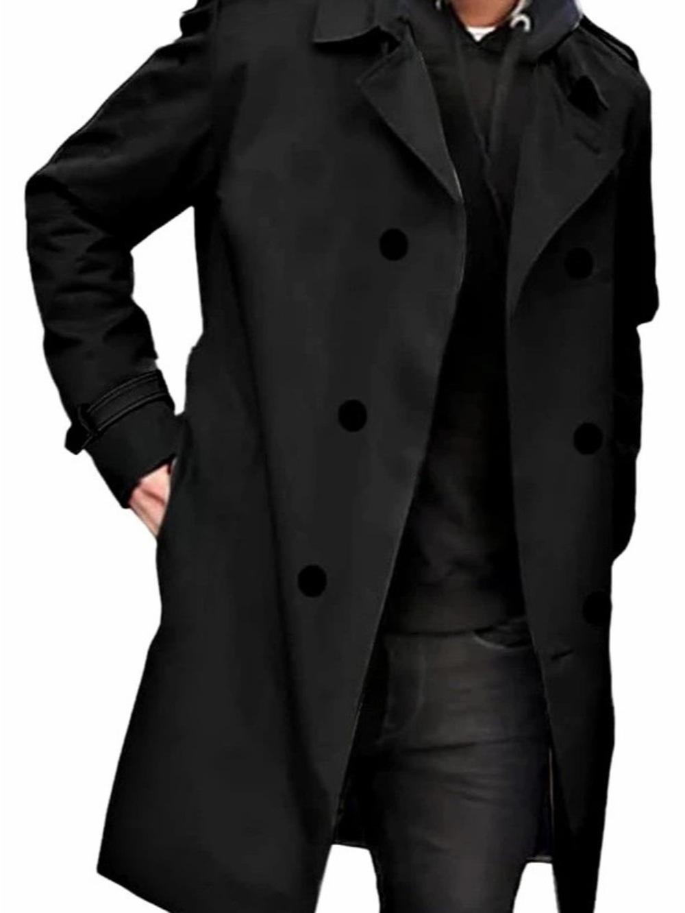 Men's Cotton Double-Breasted Trench Coat in Black